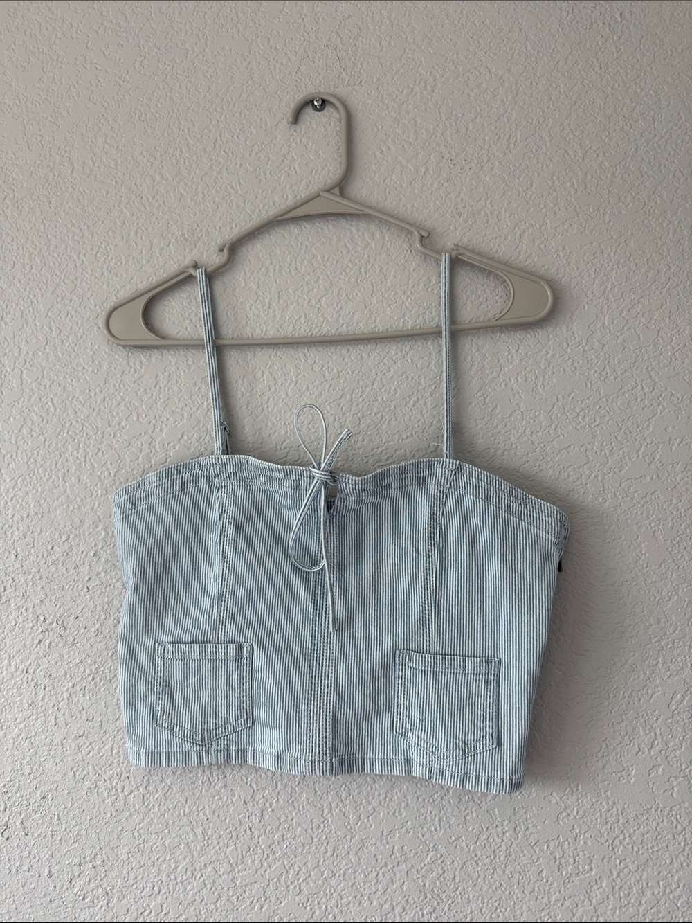 American Eagle Striped Light Blue Denim Tie-Front Crop Cami